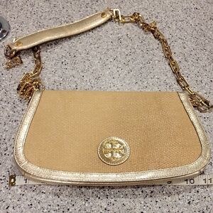Tory Burch Gold and Tan Clutch with Chain Strap
